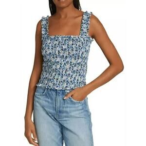 Veronica Beard Blue Floral Smocked Tank Top